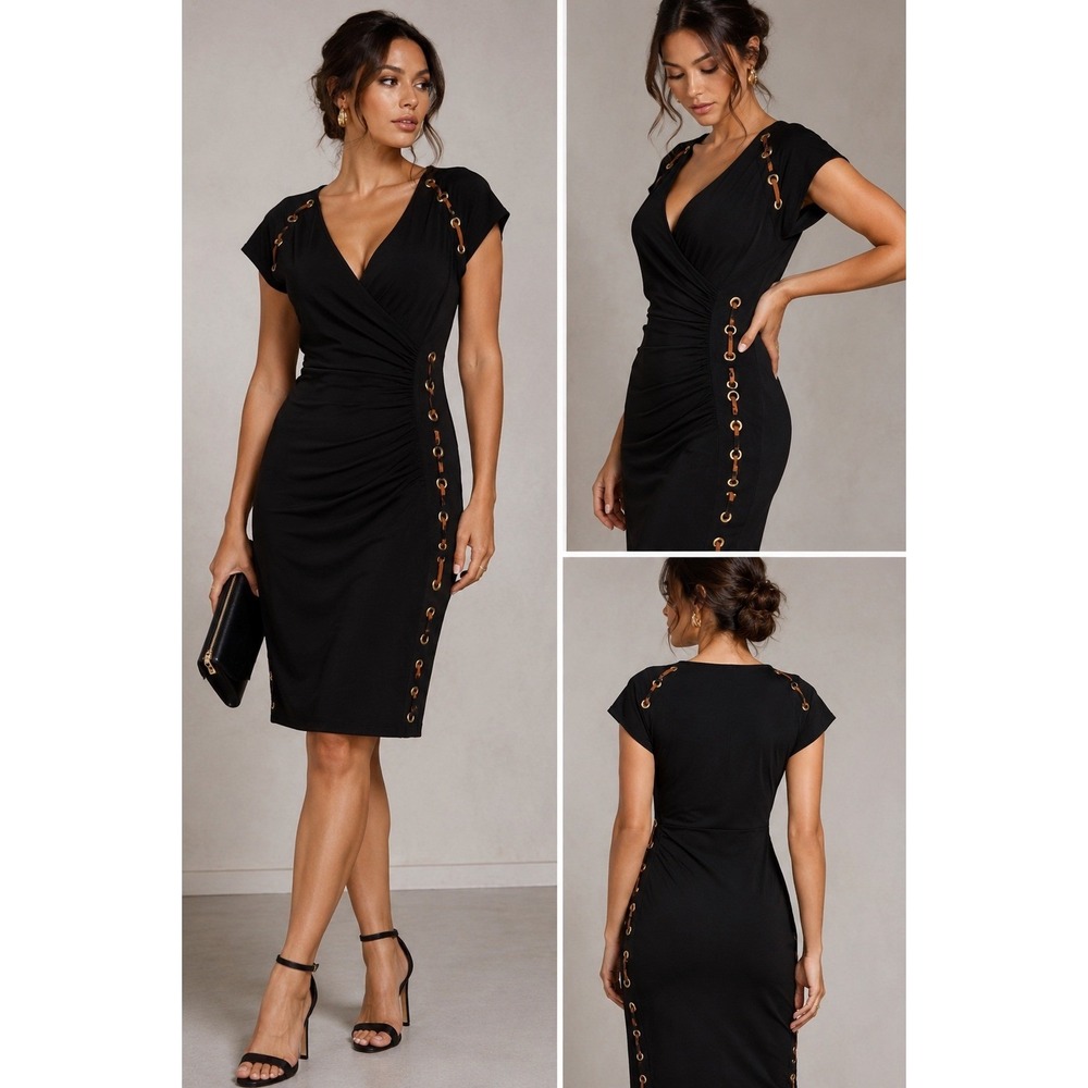 Carmen Marc Valvo Black Ruched Dress XS Grommet Lace Up Y2K Edgy Cocktail